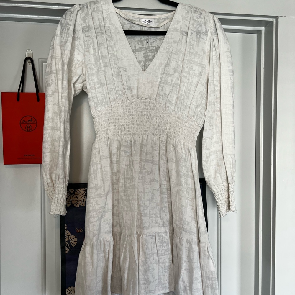 Cream Long Sleeve V-Neck Sundress for Wedding Guest